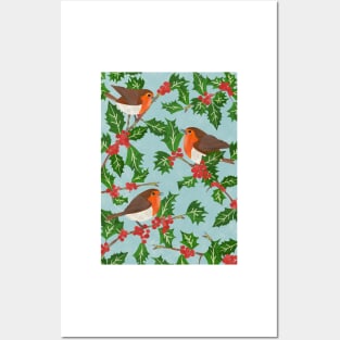 Three little paper cut robins on a holly bush Posters and Art